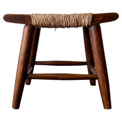 Antique French Rustic Stool with Rush Seat