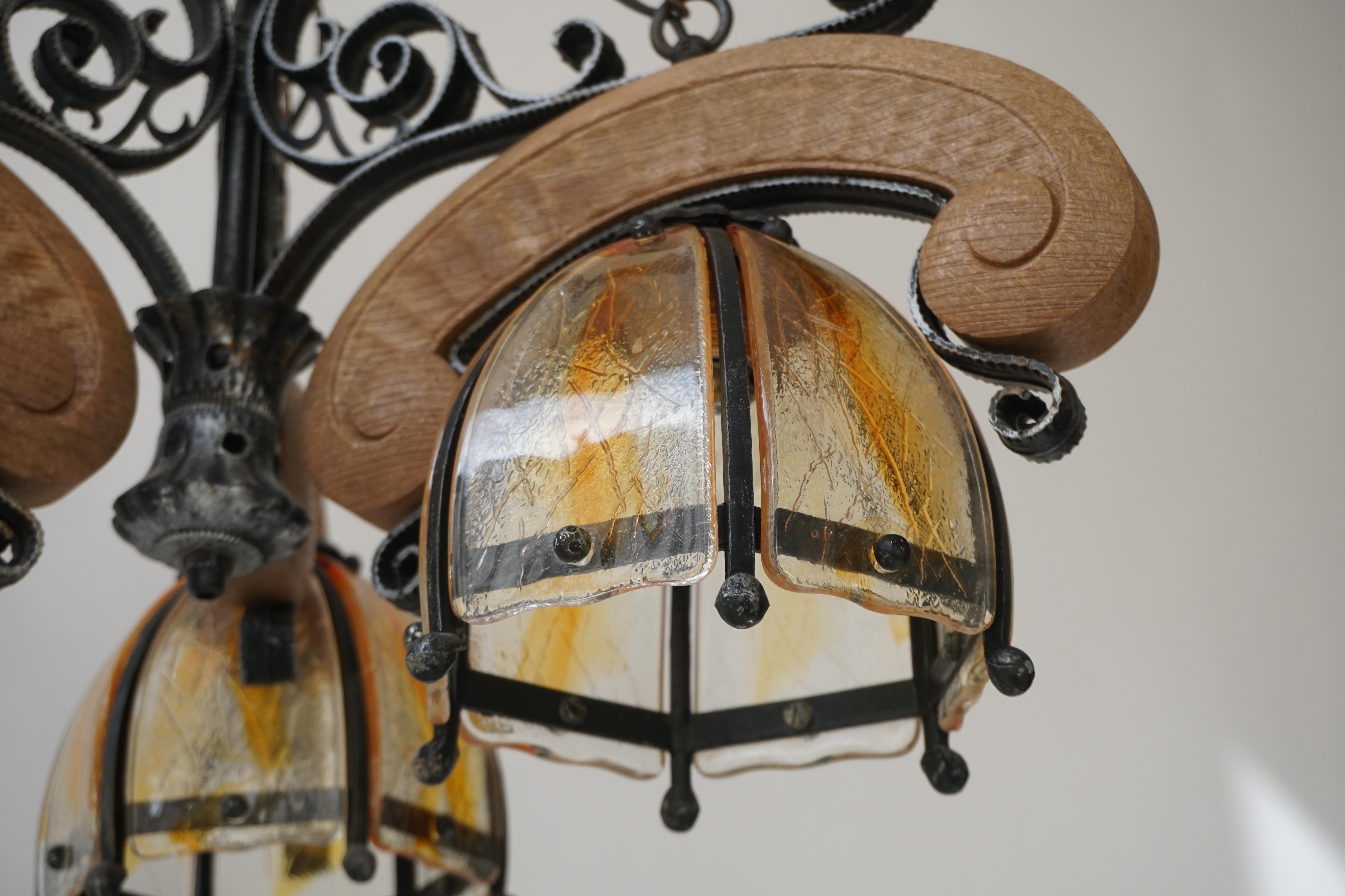 French Rustic Wood and Glass Chandelier For Sale 2