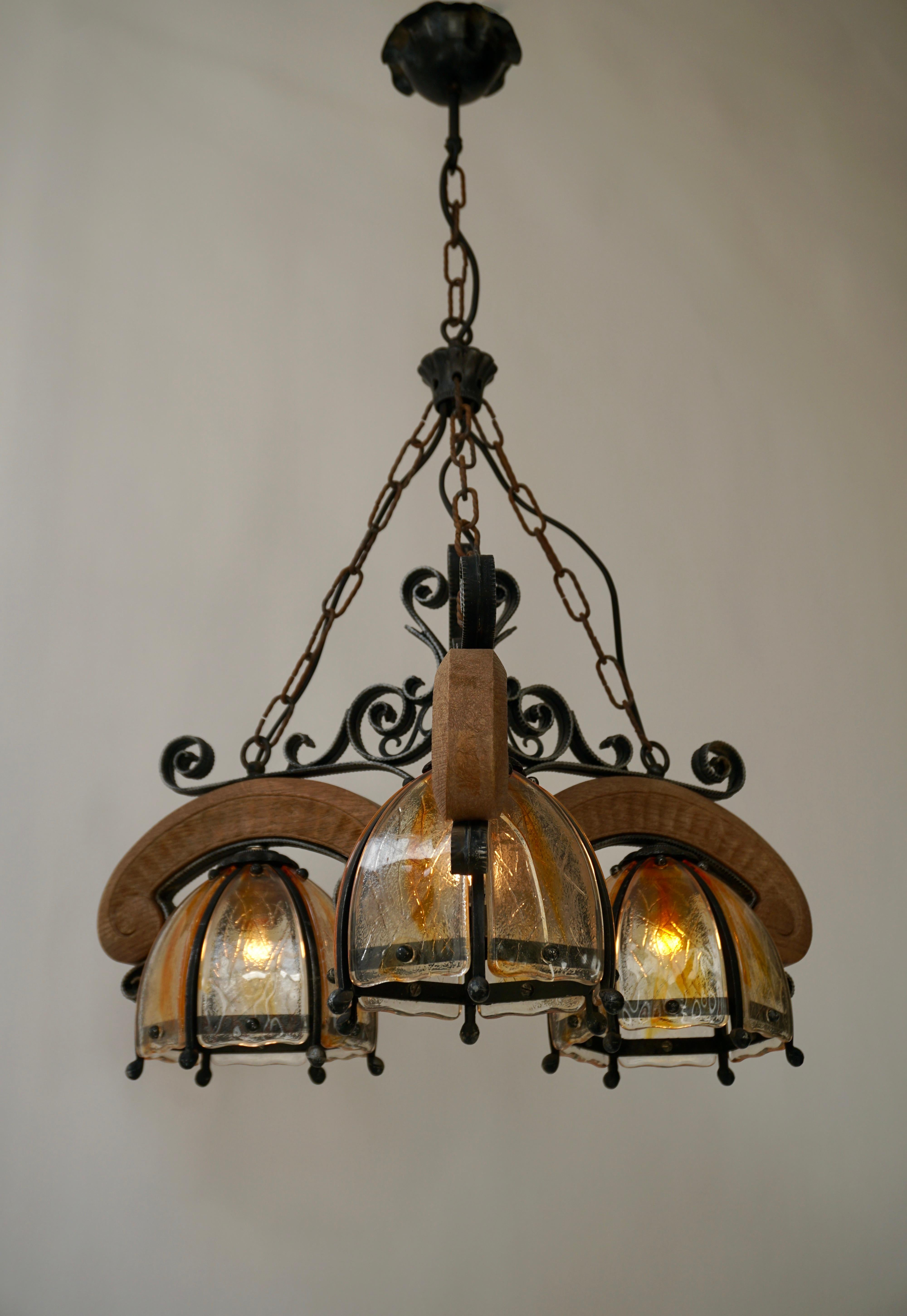 French Rustic Wood and Glass Chandelier For Sale 5