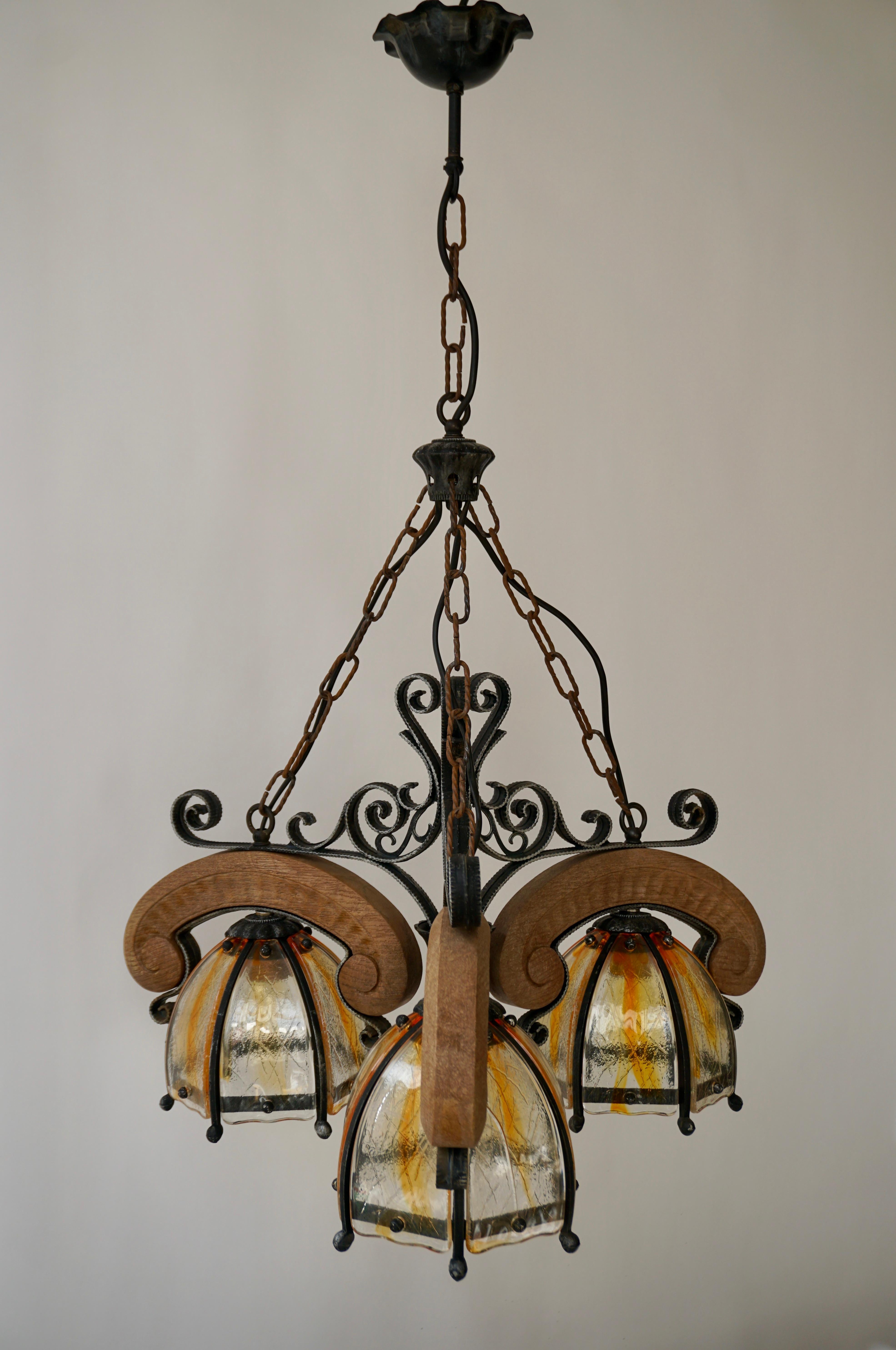 French Rustic Wood and Glass Chandelier For Sale 6