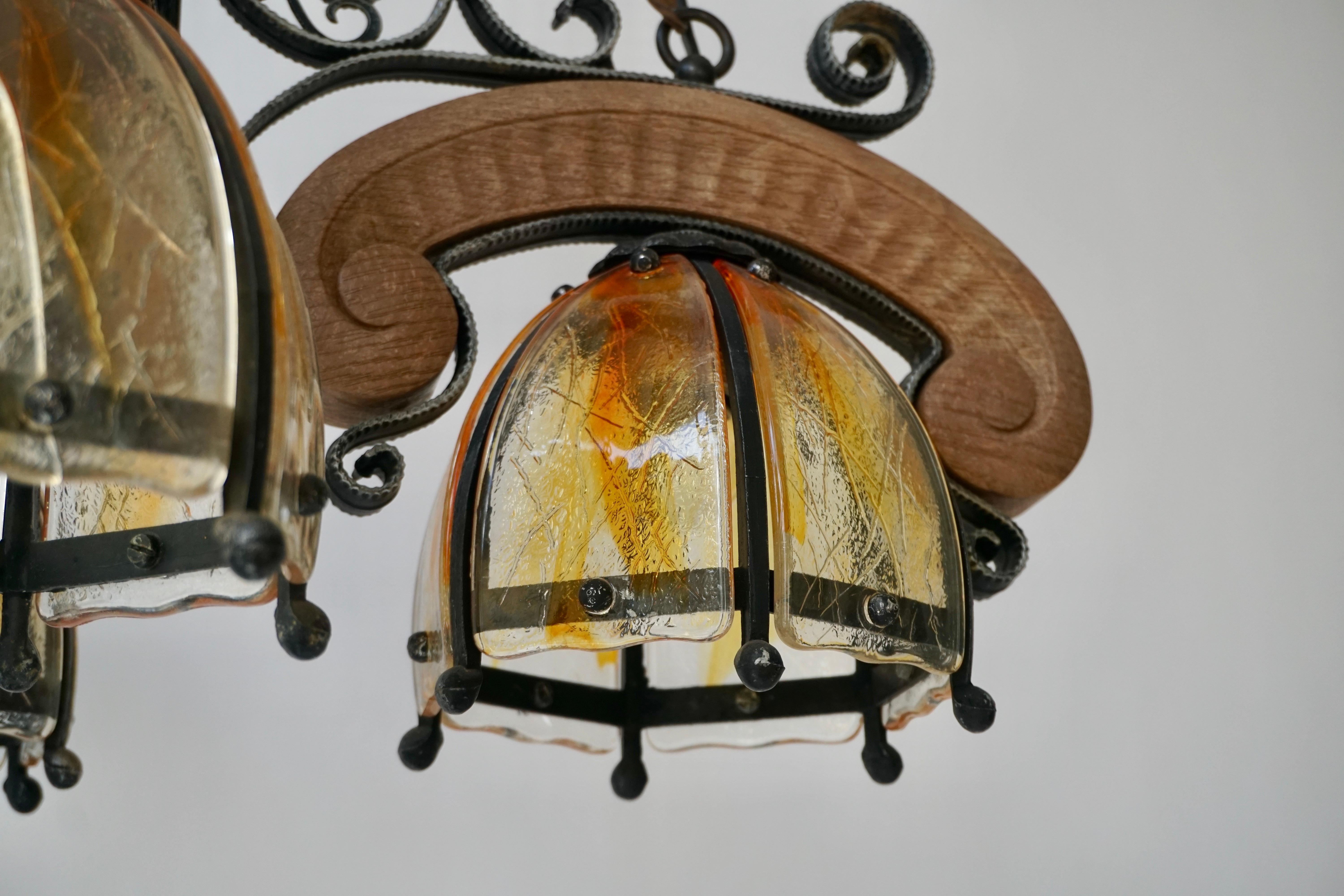 French Rustic Wood and Glass Chandelier For Sale 8