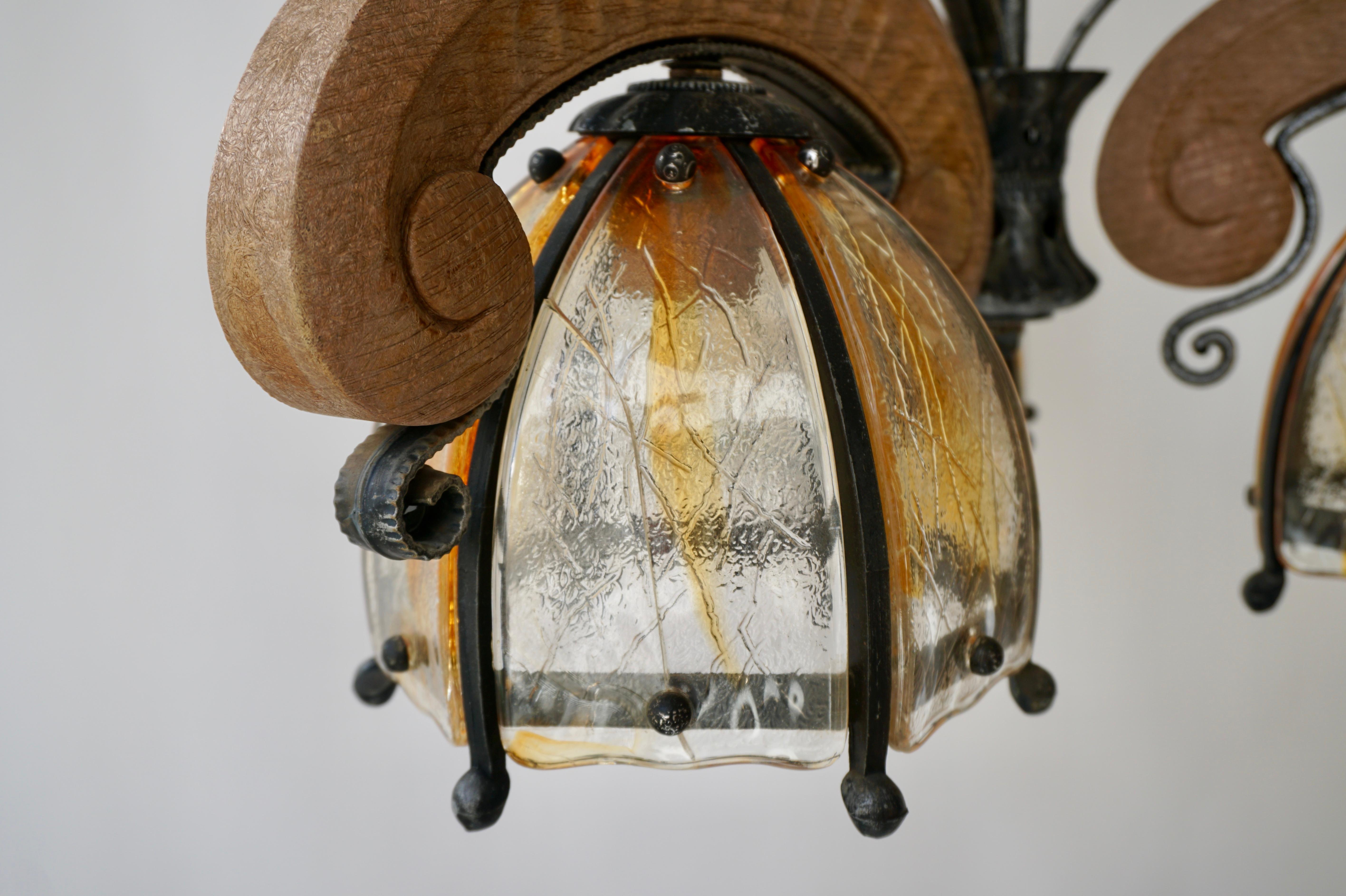 French Rustic Wood and Glass Chandelier For Sale 10
