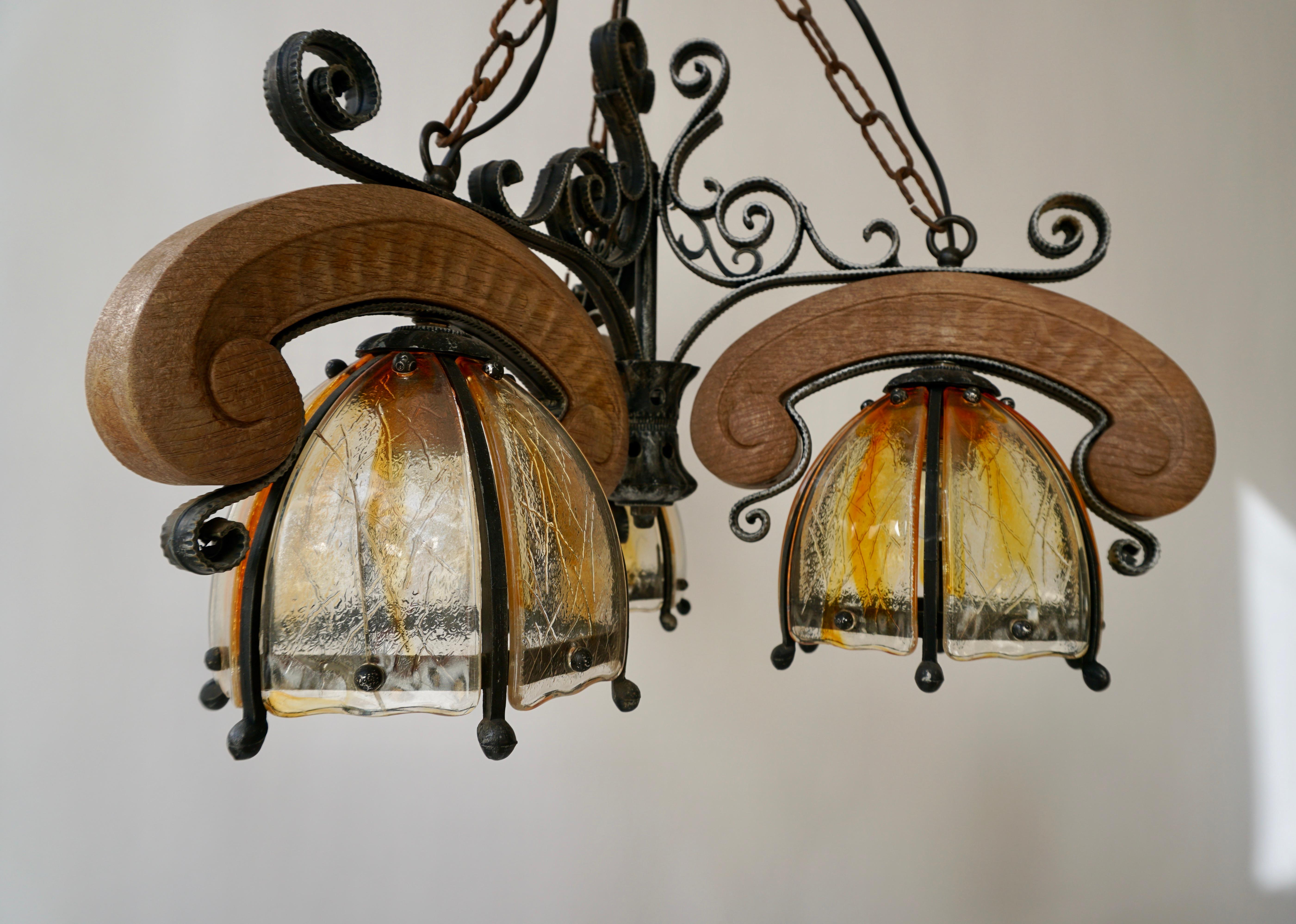 French Rustic Wood and Glass Chandelier For Sale 11