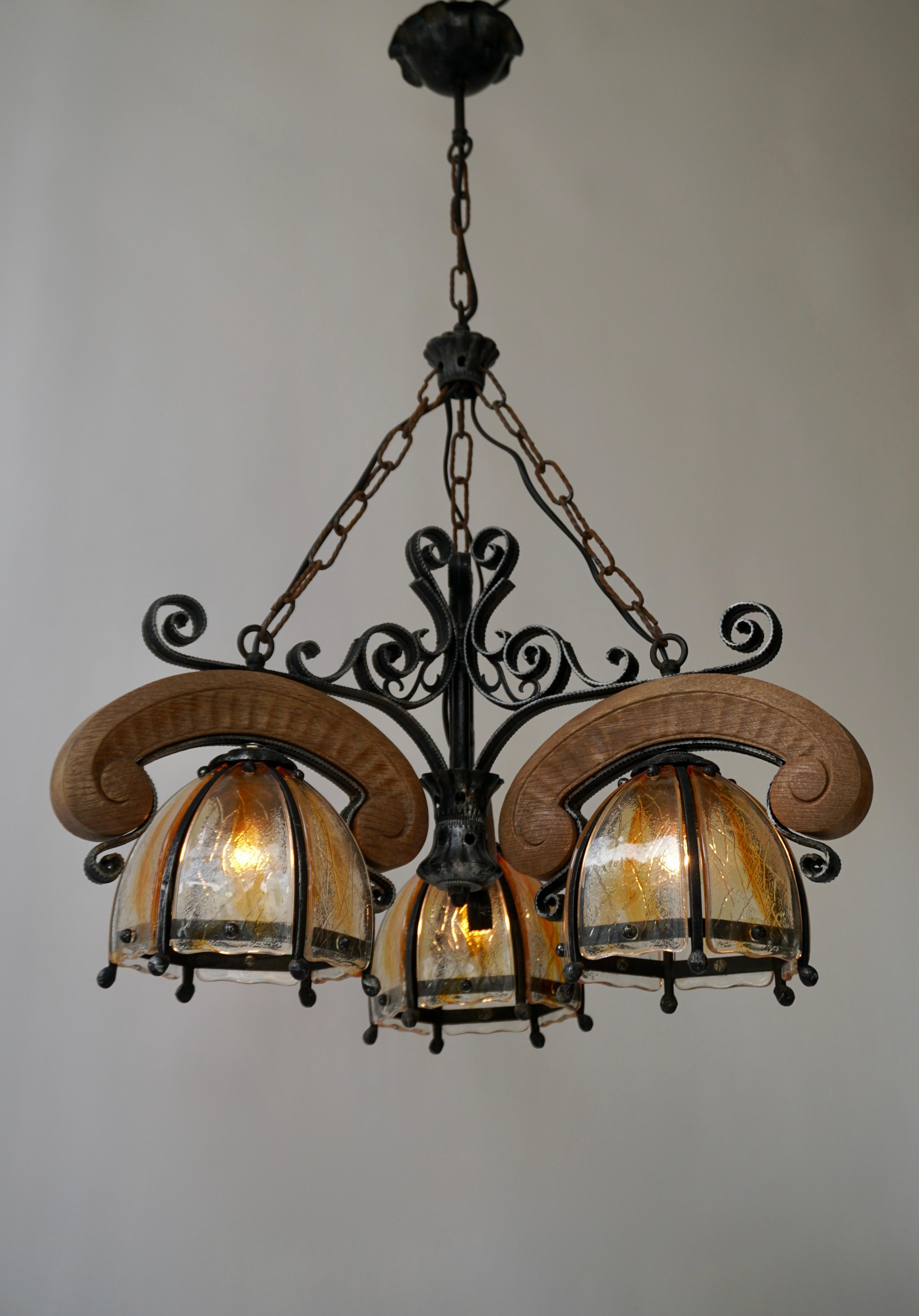 Belgian French Rustic Wood and Glass Chandelier For Sale
