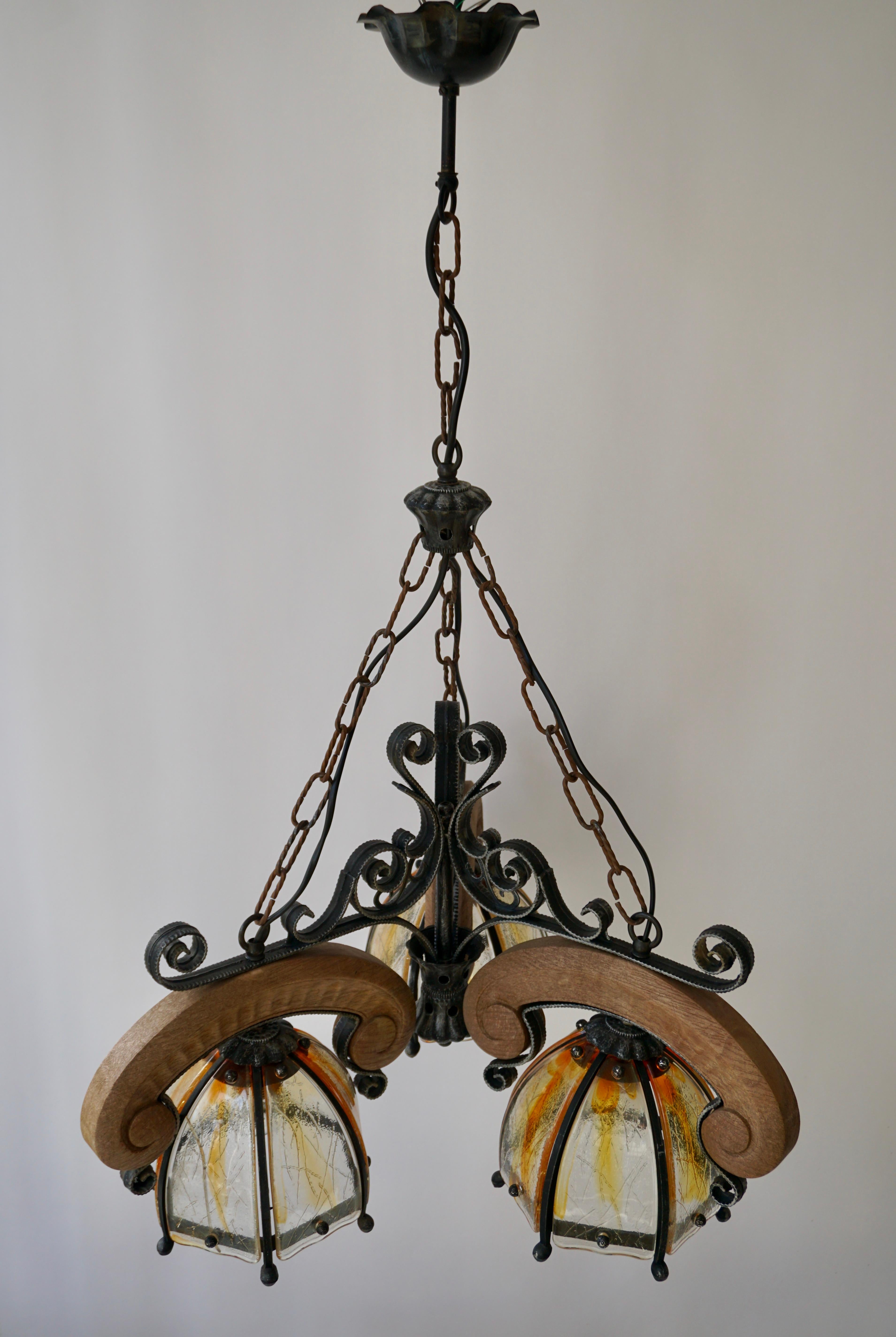 20th Century French Rustic Wood and Glass Chandelier For Sale