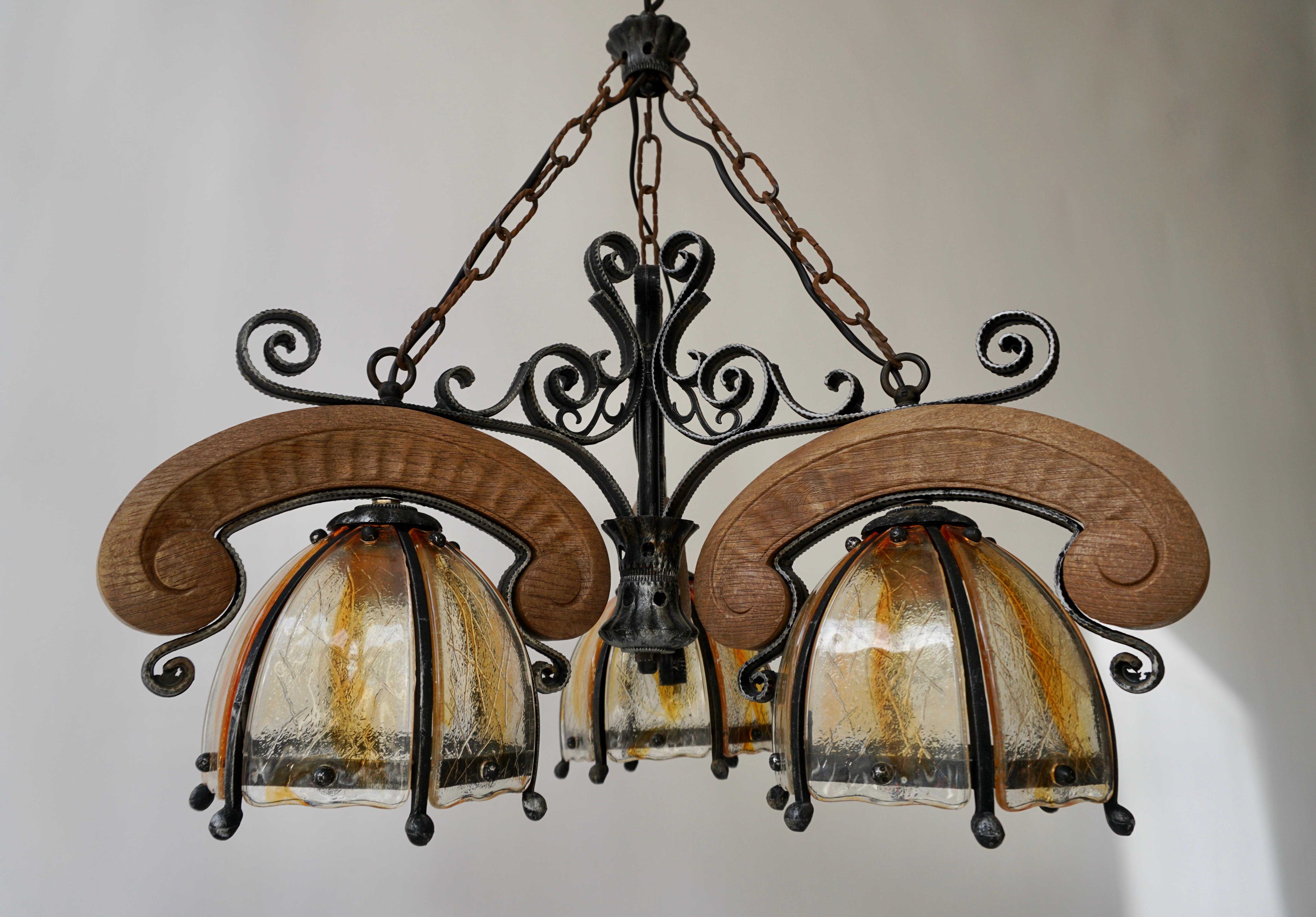 French Rustic Wood and Glass Chandelier For Sale 1