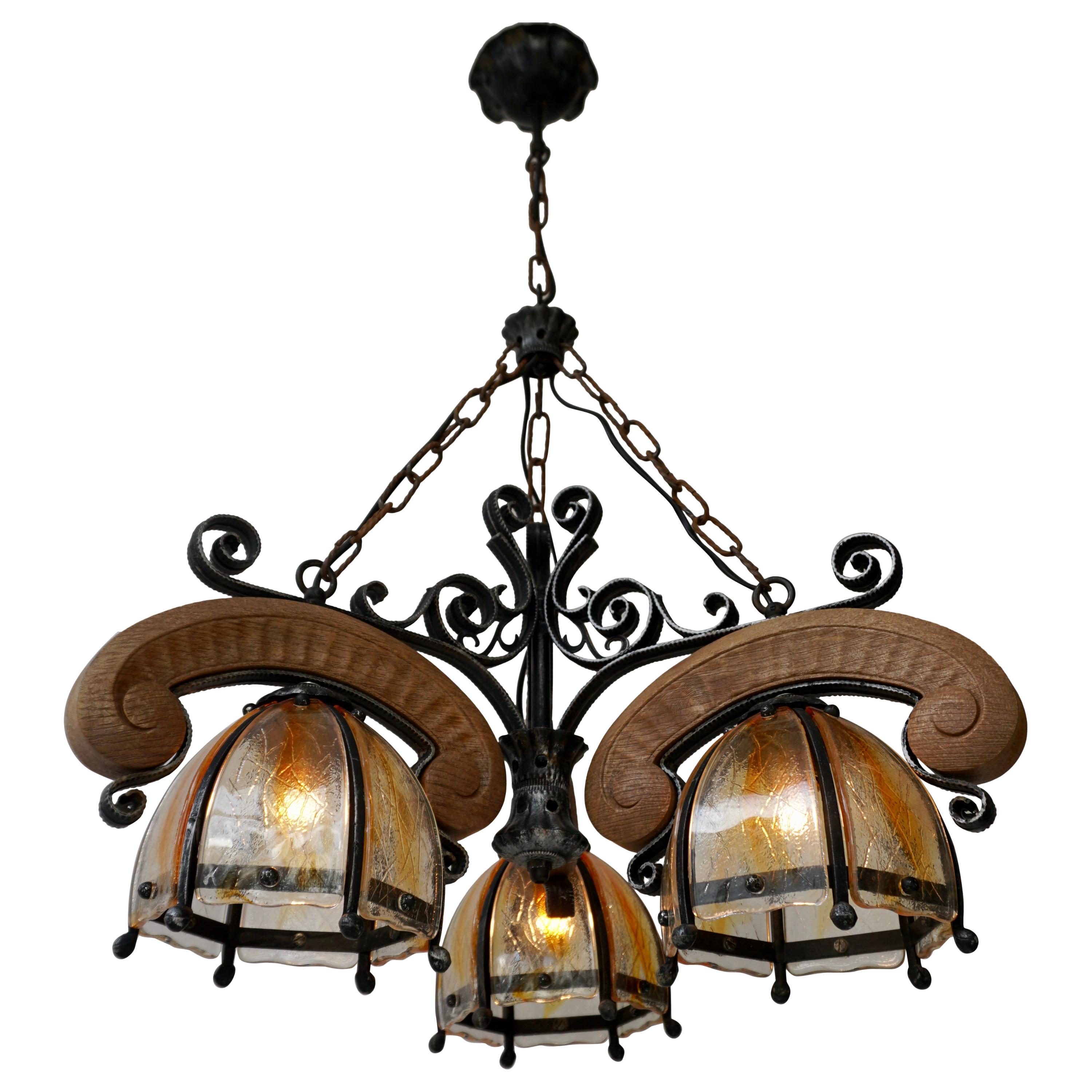 French Rustic Wood and Glass Chandelier For Sale