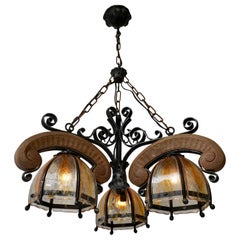 Retro French Rustic Wood and Glass Chandelier