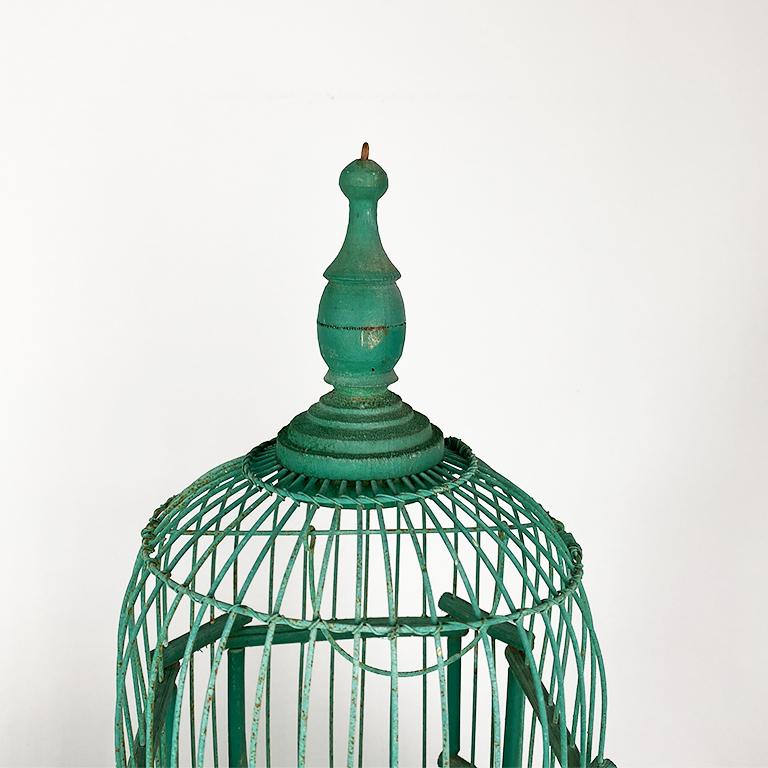 French Rustic Wood and Metal Celadon Green Pagoda Double Domed Birdcage, 1800s In Good Condition In Oklahoma City, OK