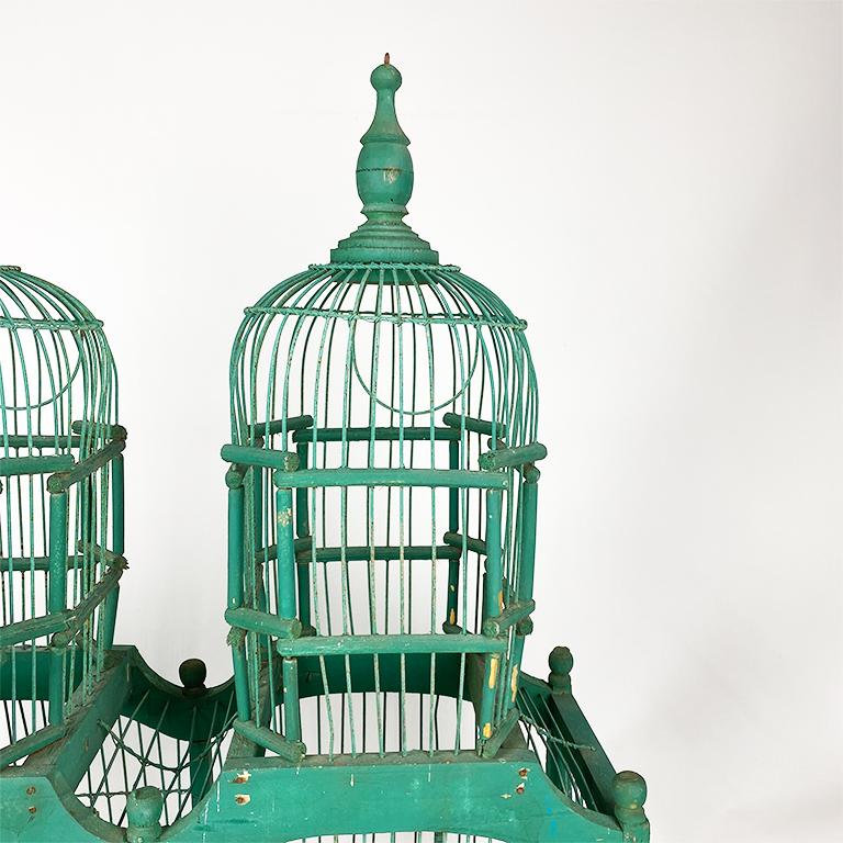 French Rustic Wood and Metal Celadon Green Pagoda Double Domed Birdcage, 1800s 2