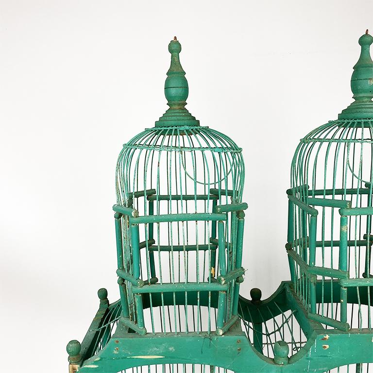 French Rustic Wood and Metal Celadon Green Pagoda Double Domed Birdcage, 1800s 3