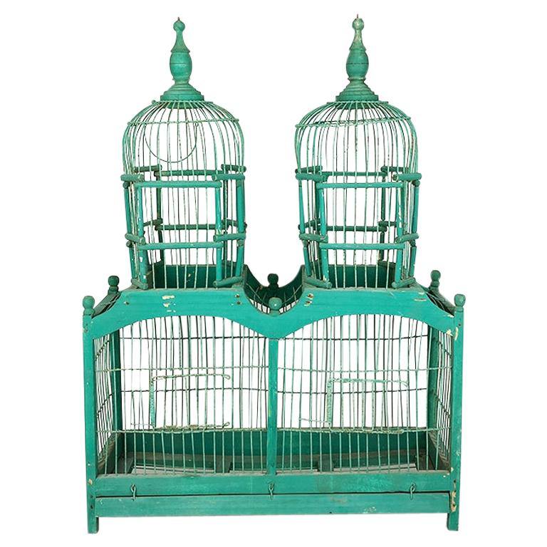 French Rustic Wood and Metal Celadon Green Pagoda Double Domed Birdcage, 1800s