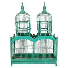 Used French Rustic Wood and Metal Celadon Green Pagoda Double Domed Birdcage, 1800s