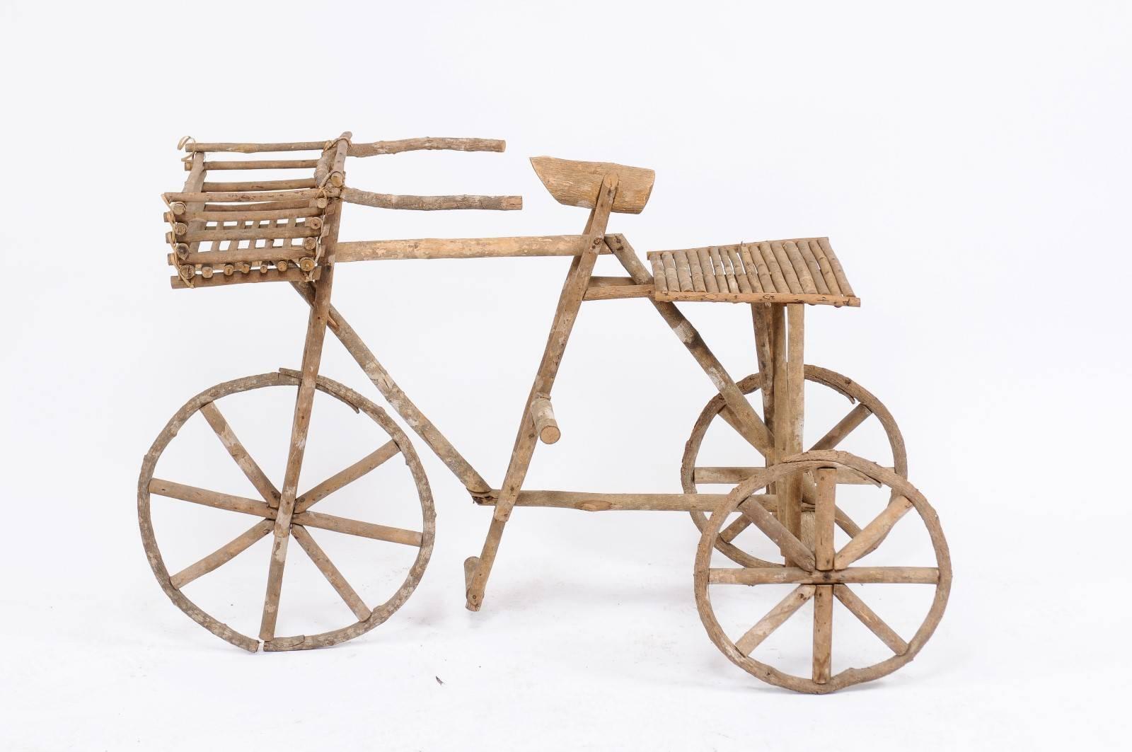 20th Century French Rustic Wooden Tricycle Garden Decorative Ornament from the 1970s For Sale