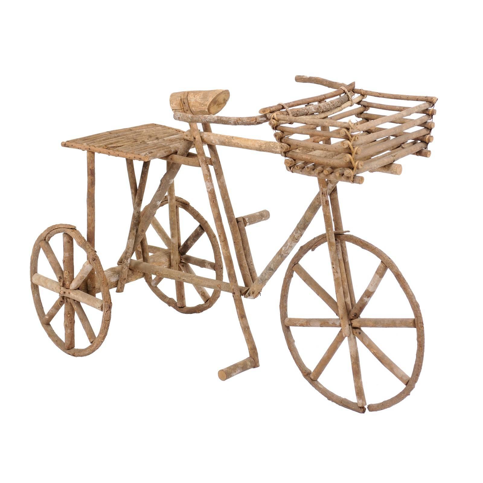 French Rustic Wooden Tricycle Garden Decorative Ornament from the 1970s For Sale