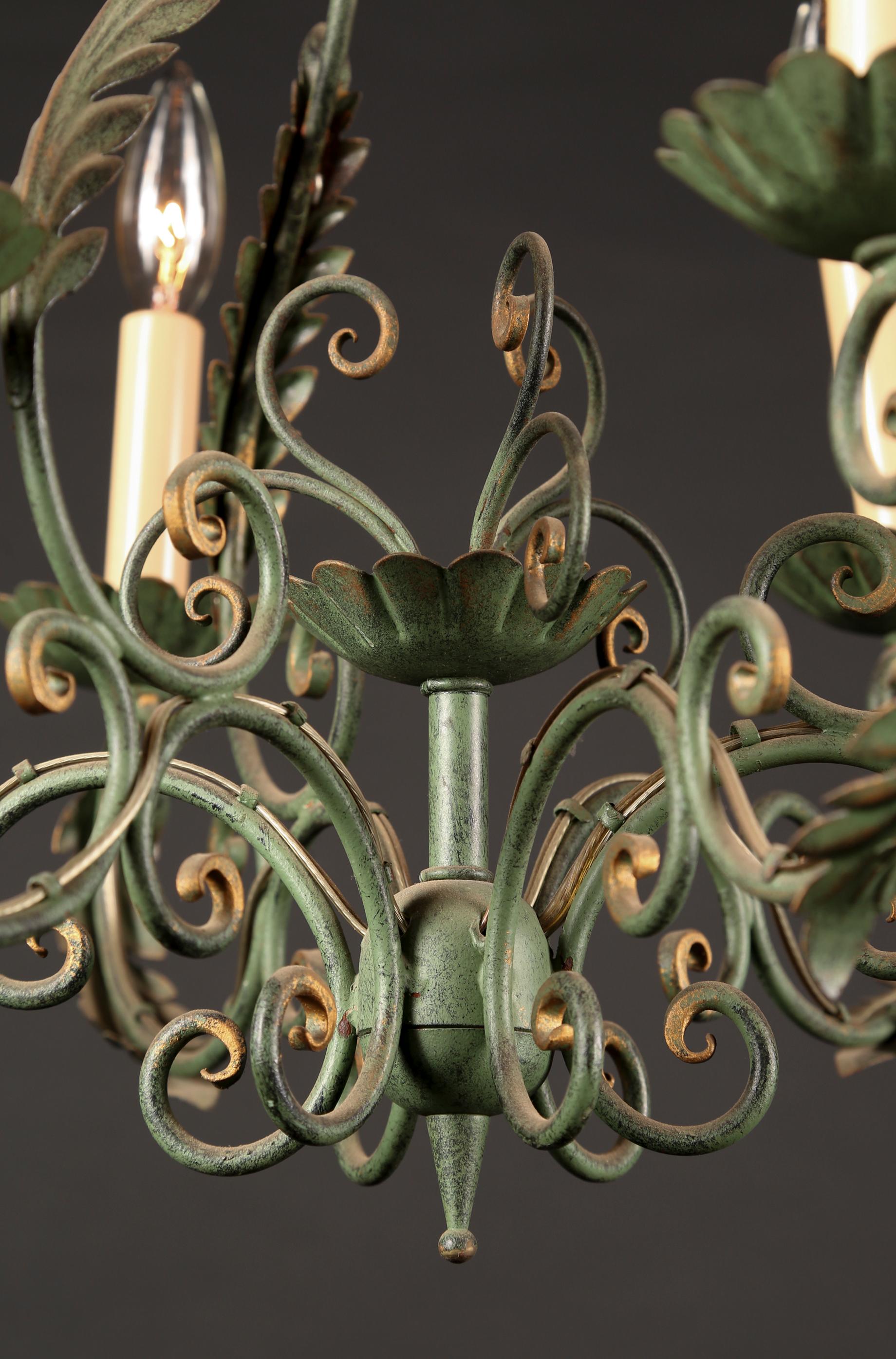 French Rustic Wrought Iron Chandelier, Louis XV Style, Mid 20th Century, Green In Good Condition For Sale In New Orleans, LA