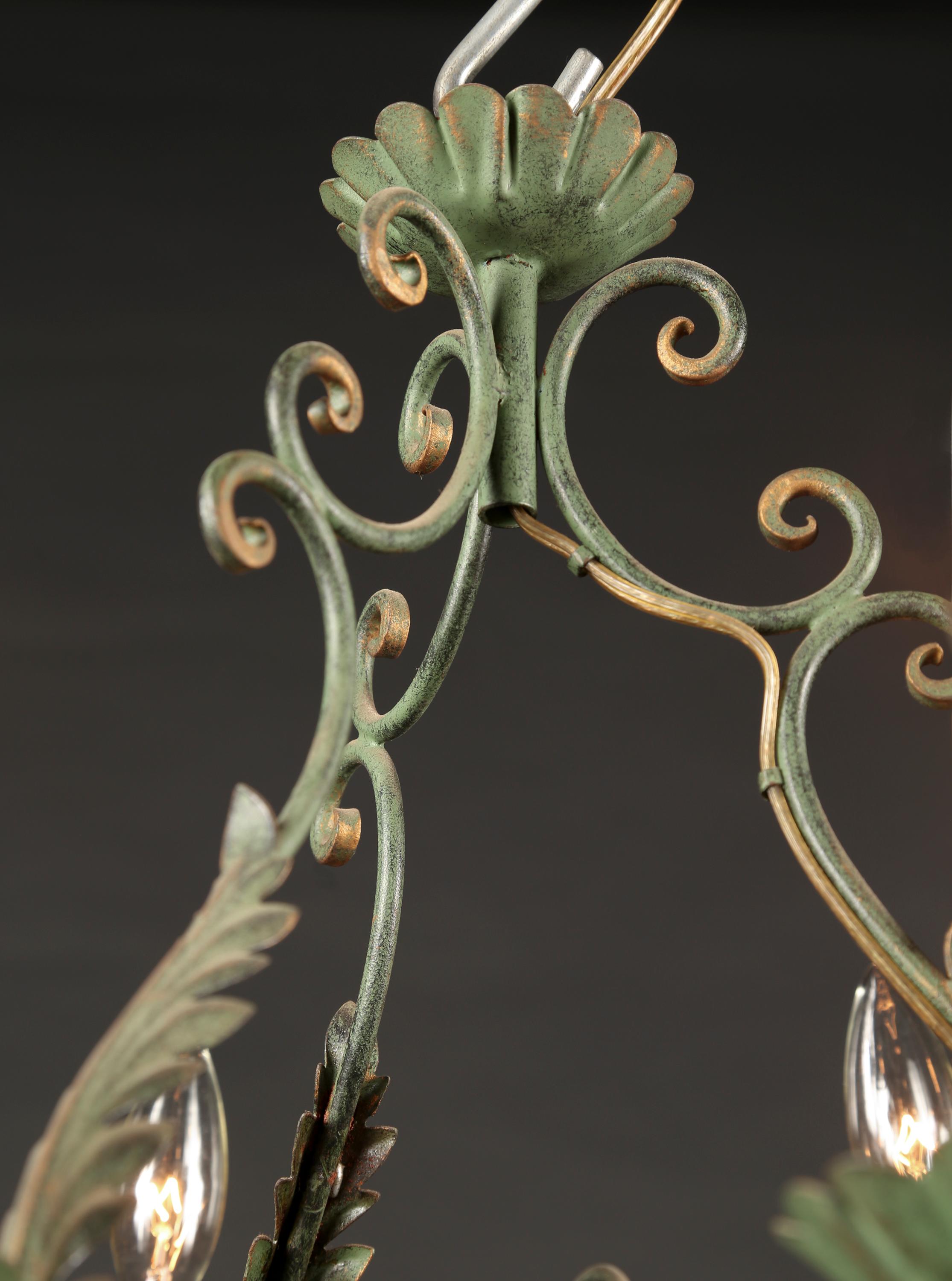 French Rustic Wrought Iron Chandelier, Louis XV Style, Mid 20th Century, Green For Sale 2
