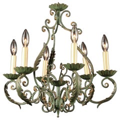 Lampadario rustico francese in ferro battuto, stile Luigi XV, metà del XX secolo, verde