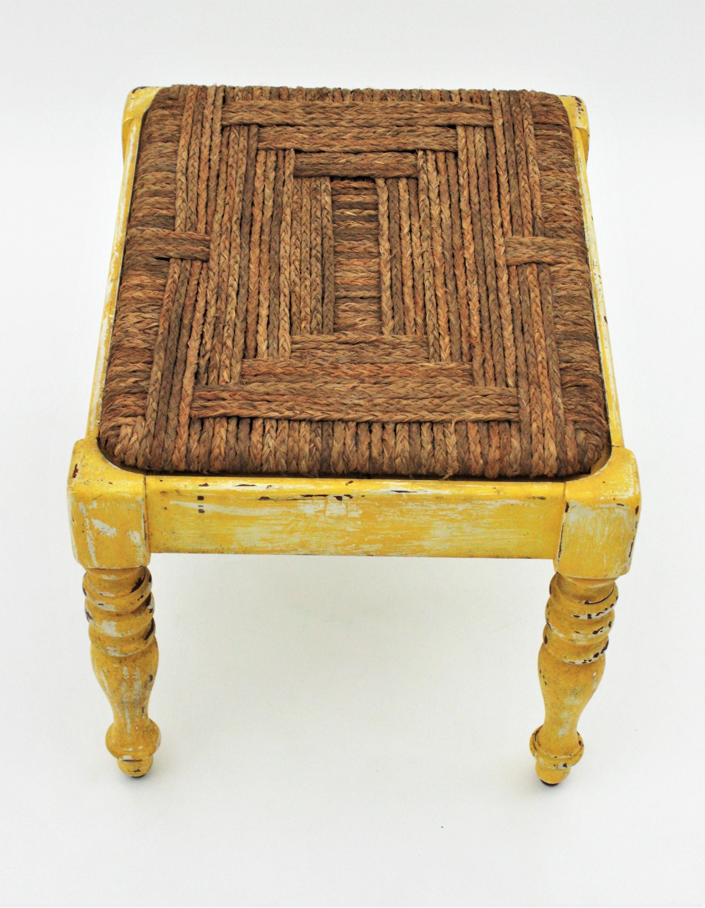 French Rustic Stool with Esparto Grass Seat and Yellow Patina For Sale 5