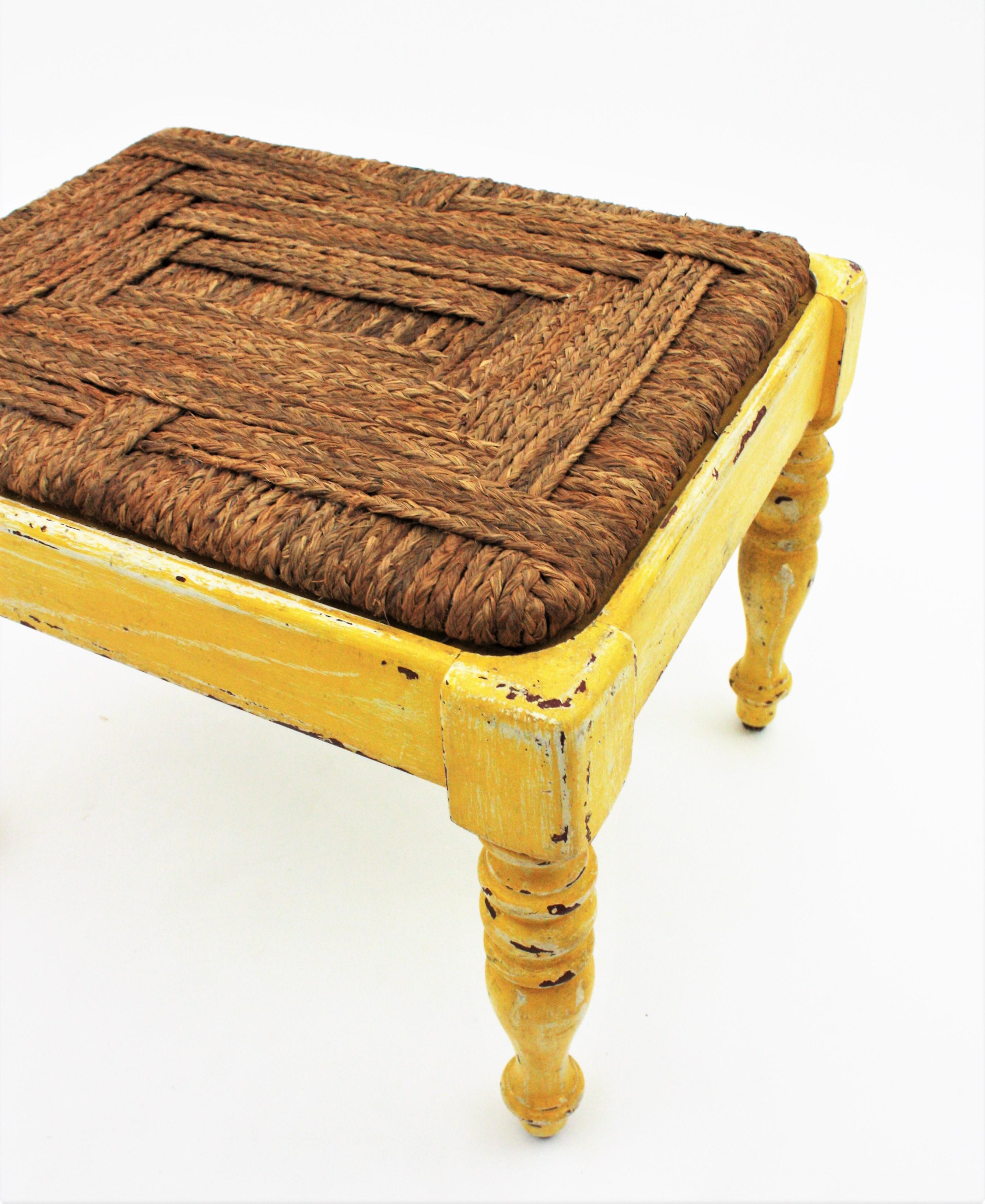 20th Century French Rustic Stool with Esparto Grass Seat and Yellow Patina For Sale