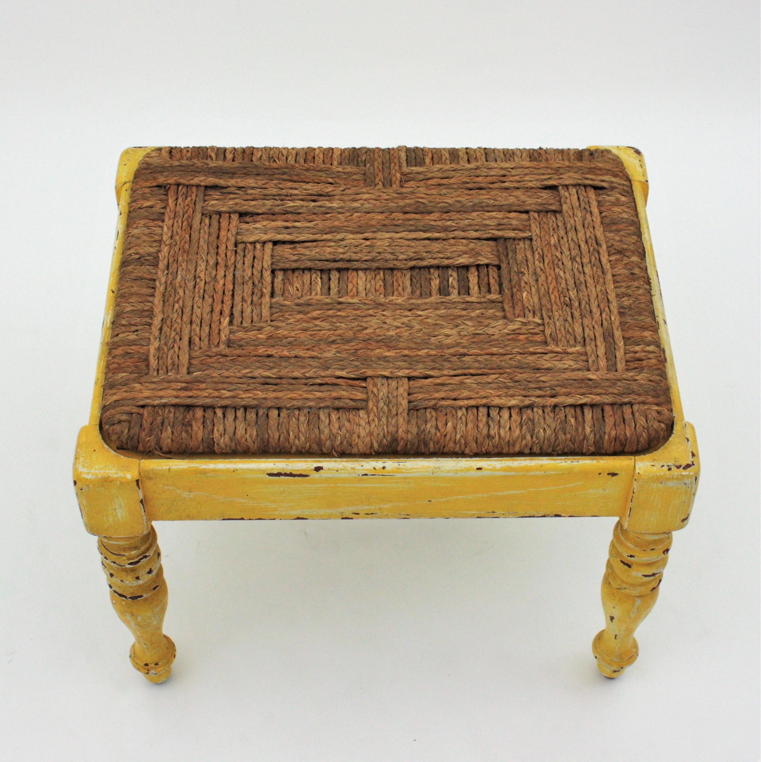 Straw French Rustic Stool with Esparto Grass Seat and Yellow Patina For Sale