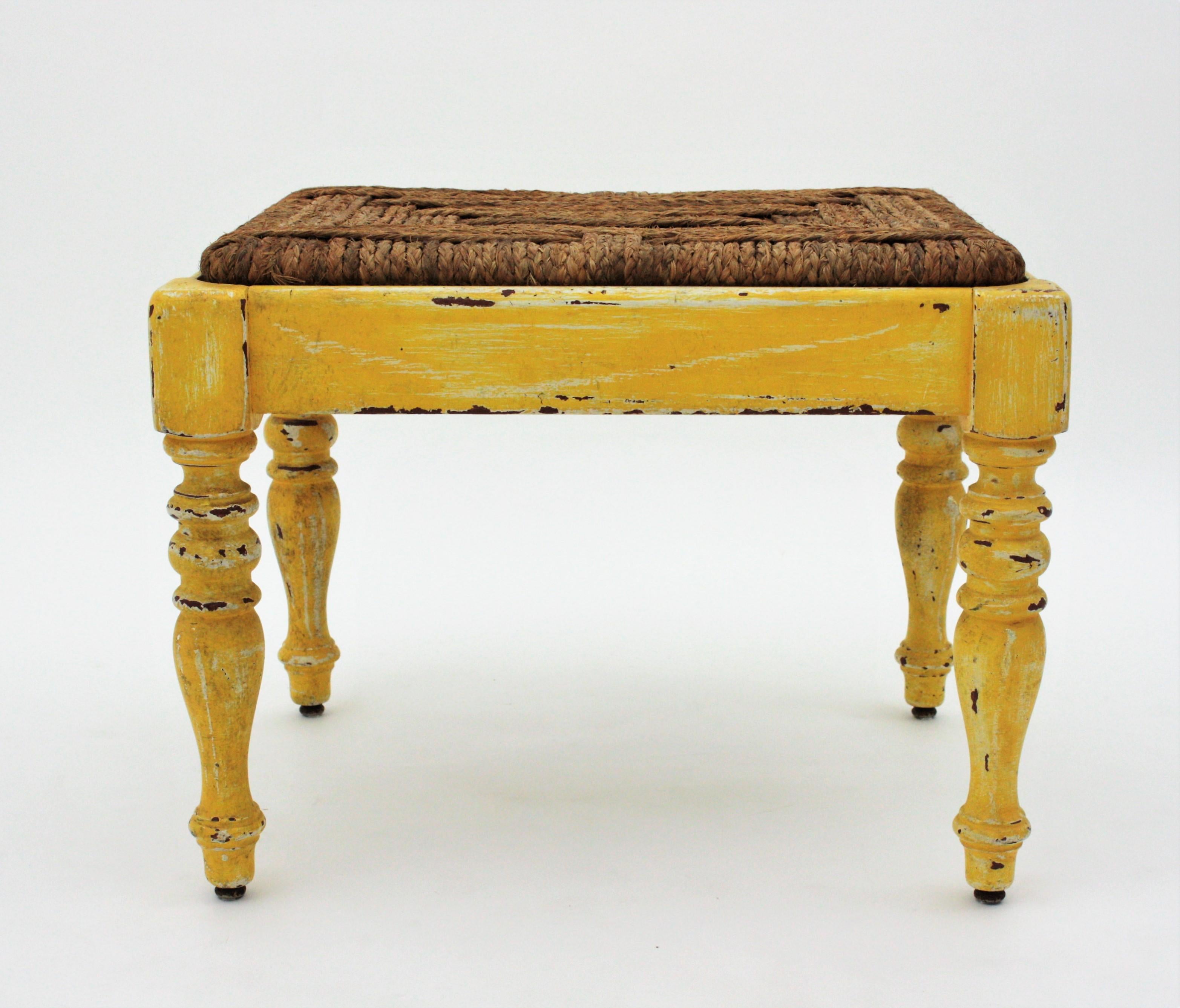 French Rustic Stool with Esparto Grass Seat and Yellow Patina For Sale 2