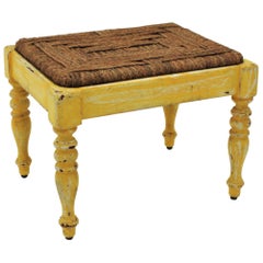 Used French Rustic Stool with Esparto Grass Seat and Yellow Patina