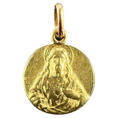 Vintage French Sacred Heart Madonna and Child 18K Yellow Gold Medal Pendant
