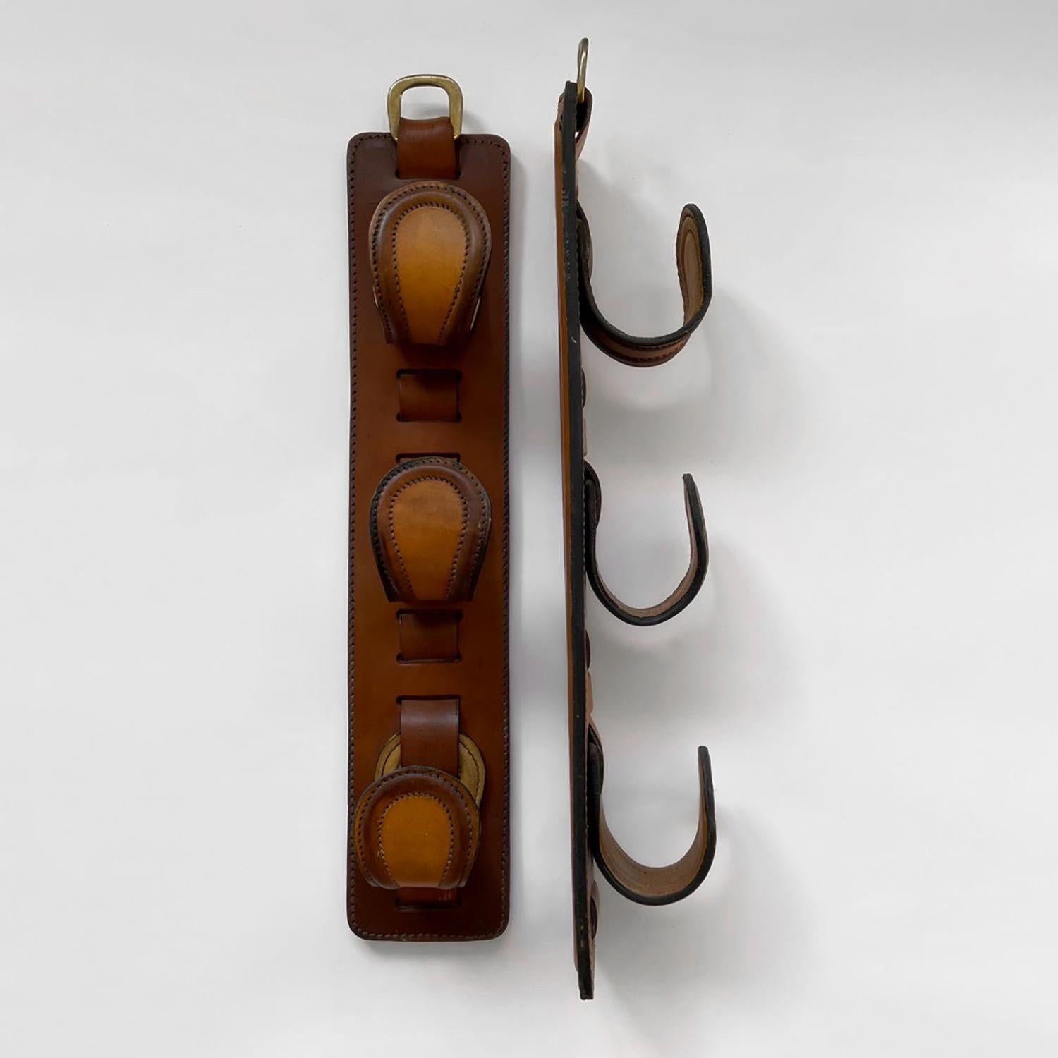 French Saddle Leather Wall Hooks in the style of Jacques Adnet For Sale 9