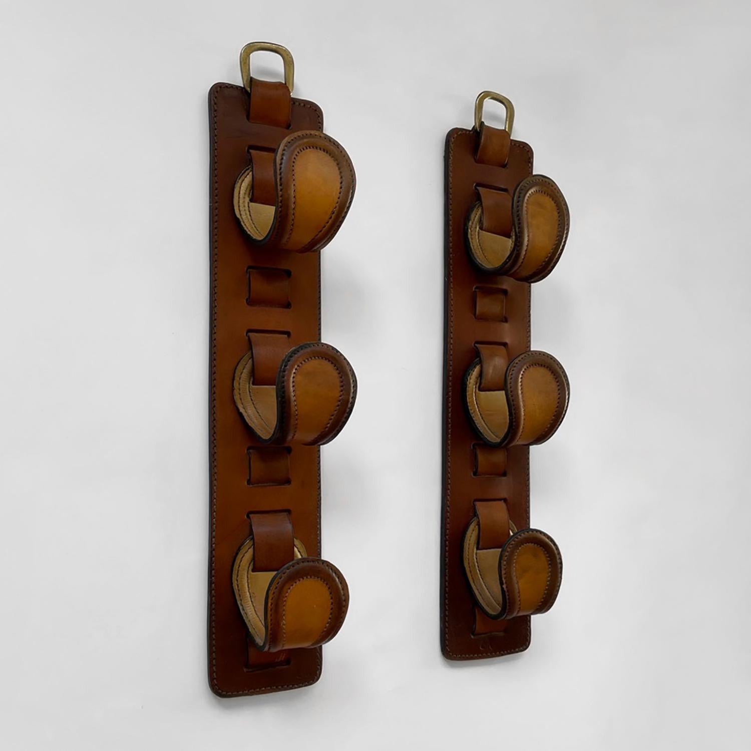 20th Century French Saddle Leather Wall Hooks in the style of Jacques Adnet For Sale