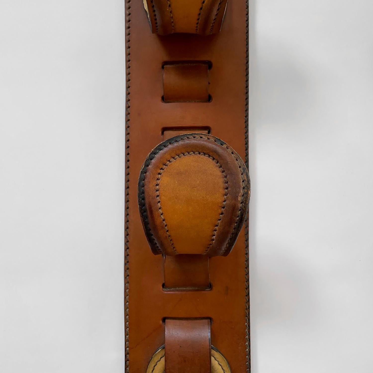 French Saddle Leather Wall Hooks in the style of Jacques Adnet For Sale 2