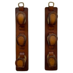 Vintage French Saddle Leather Wall Hooks in the style of Jacques Adnet