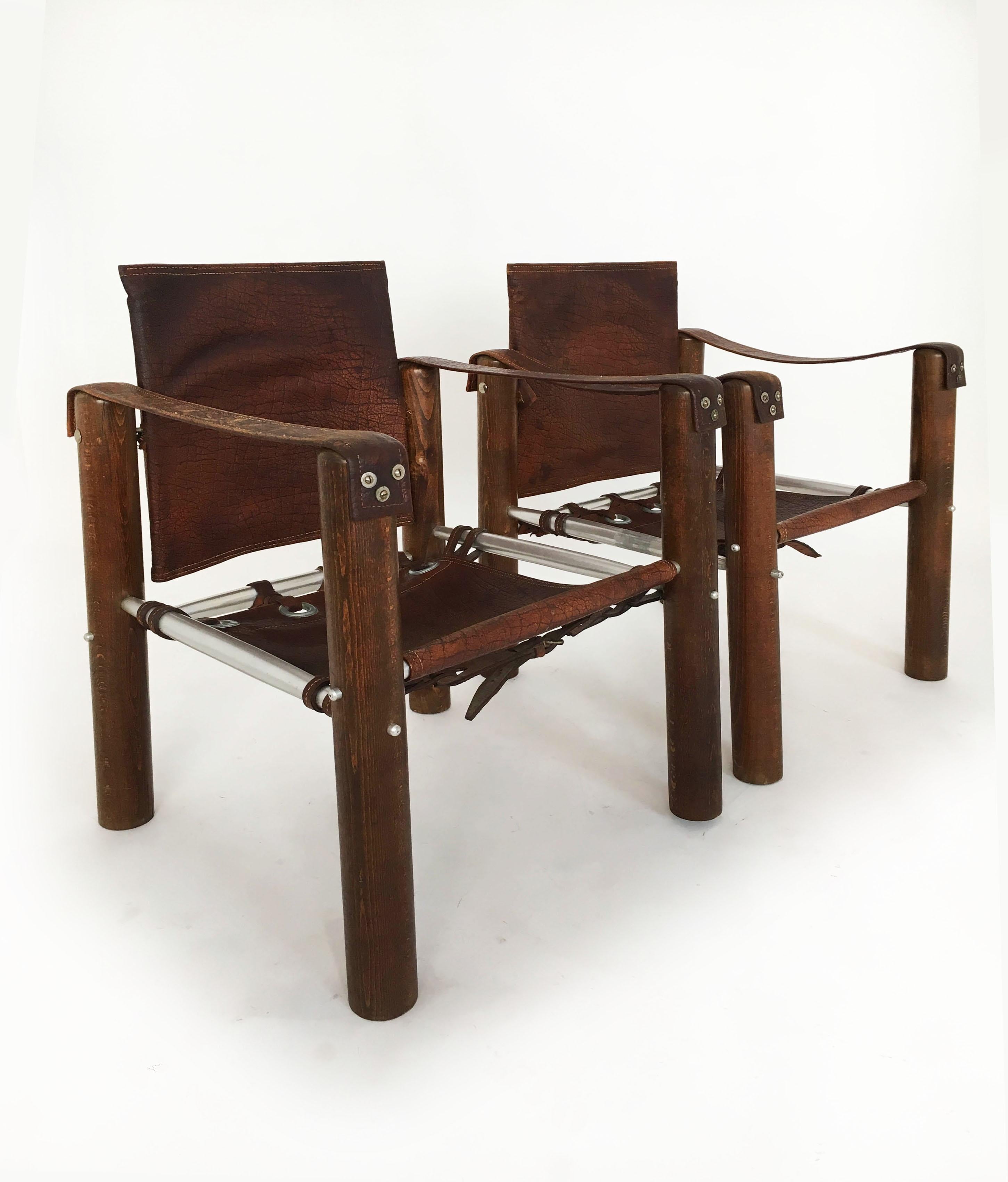 Mid-Century Modern Modern Safari Chairs Patinated Leather, Brazil 1970s For Sale