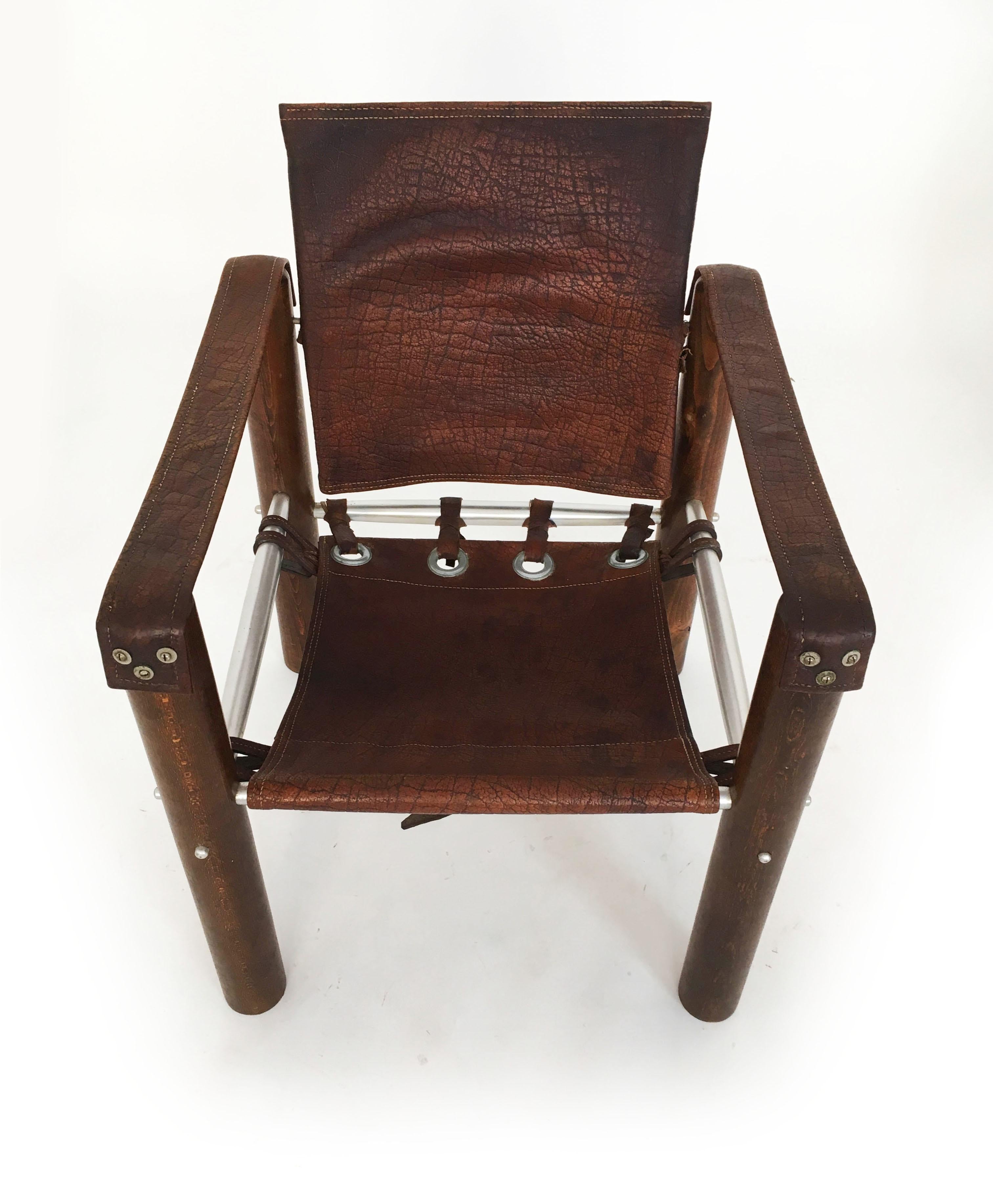 Brazilian Modern Safari Chairs Patinated Leather, Brazil 1970s For Sale