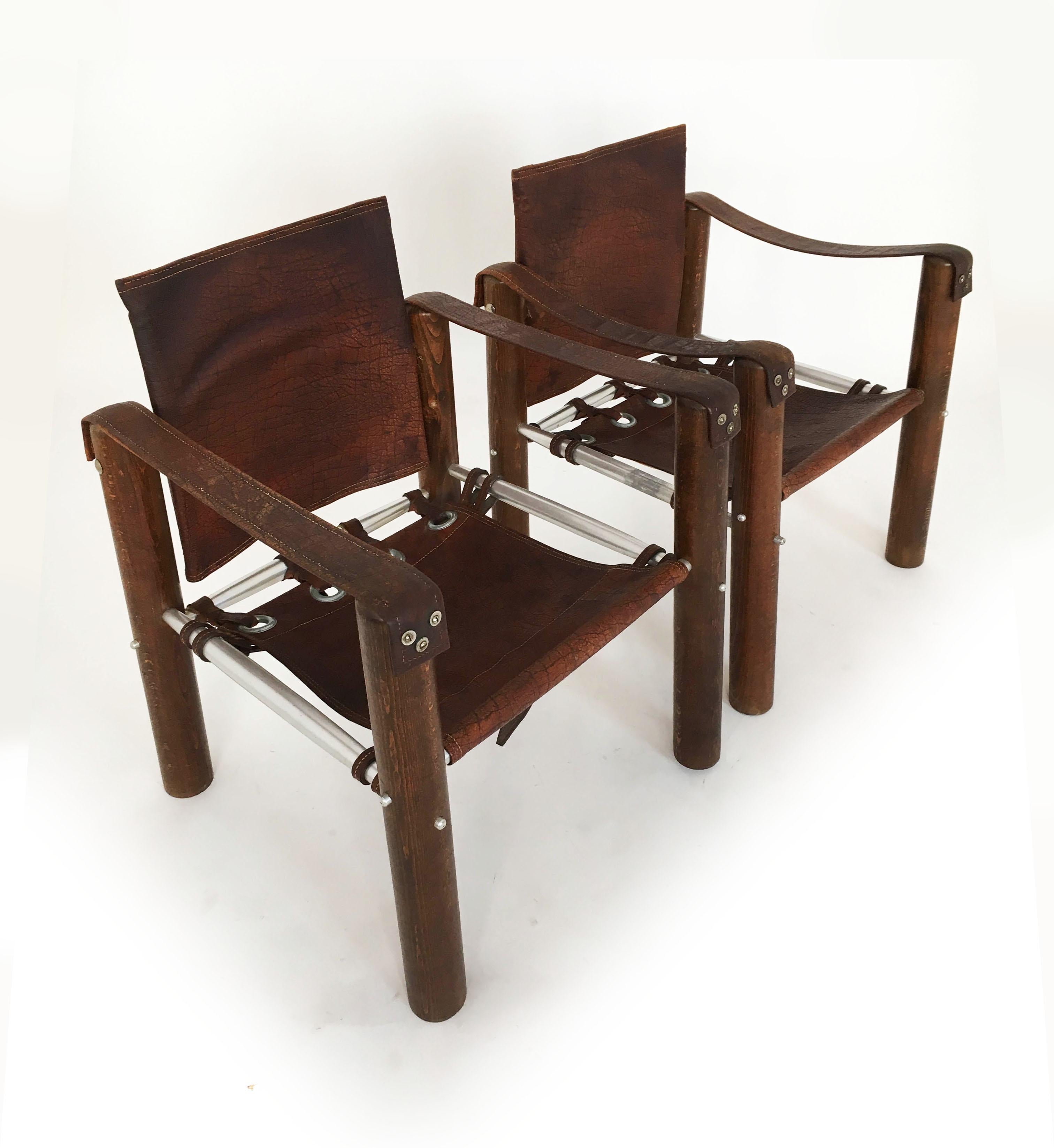 Metal Modern Safari Chairs Patinated Leather, Brazil 1970s For Sale