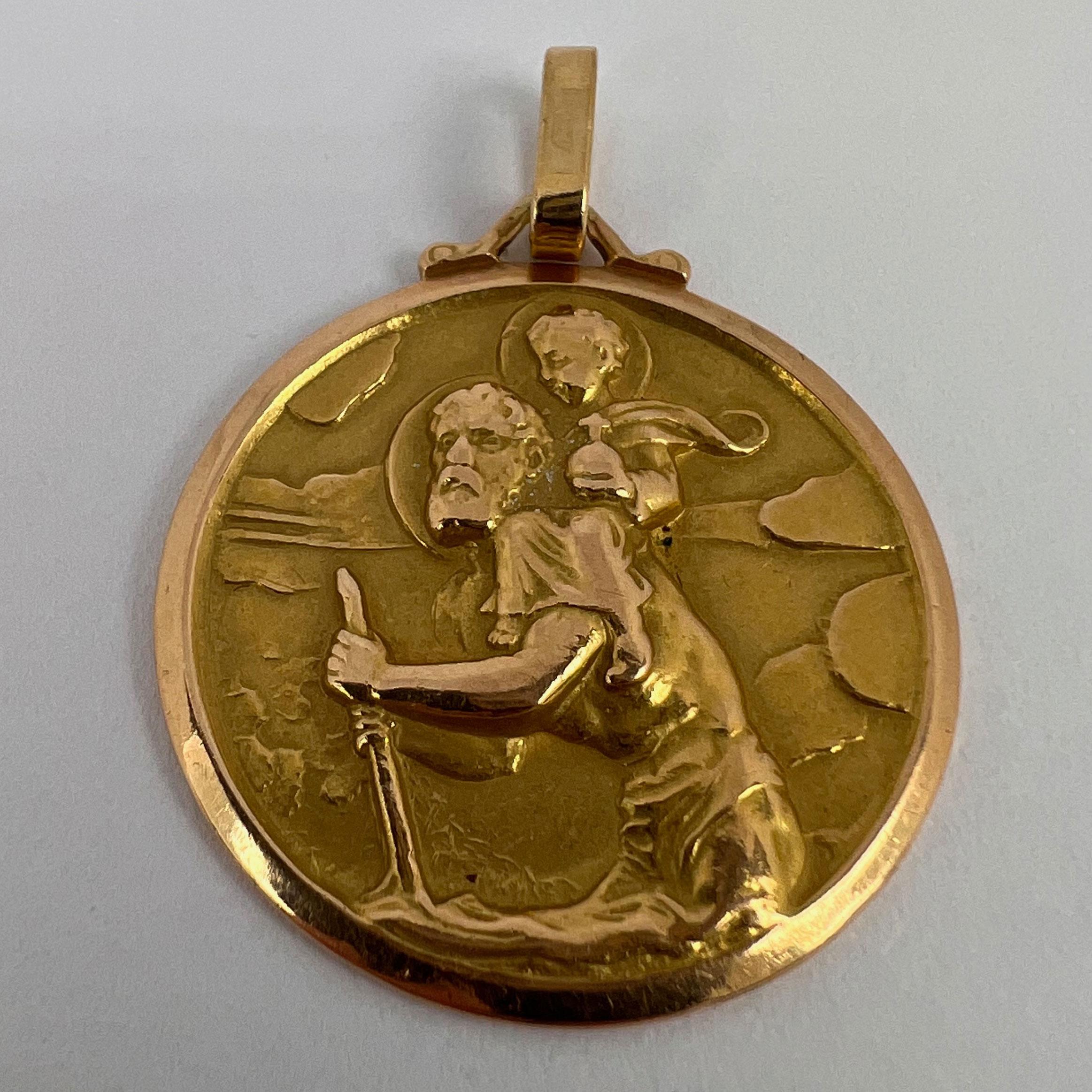 French Saint Christopher 18k Yellow Gold Charm Pendant For Sale 8