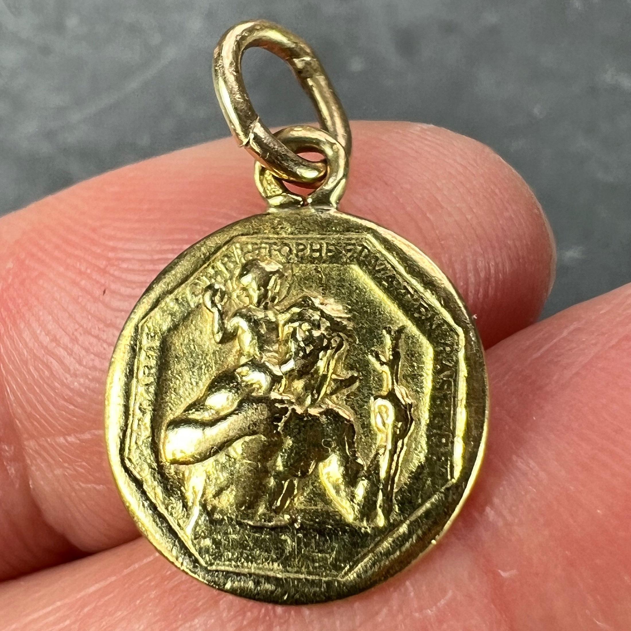 French Saint Christopher 18K Yellow Gold Charm Pendant For Sale 1