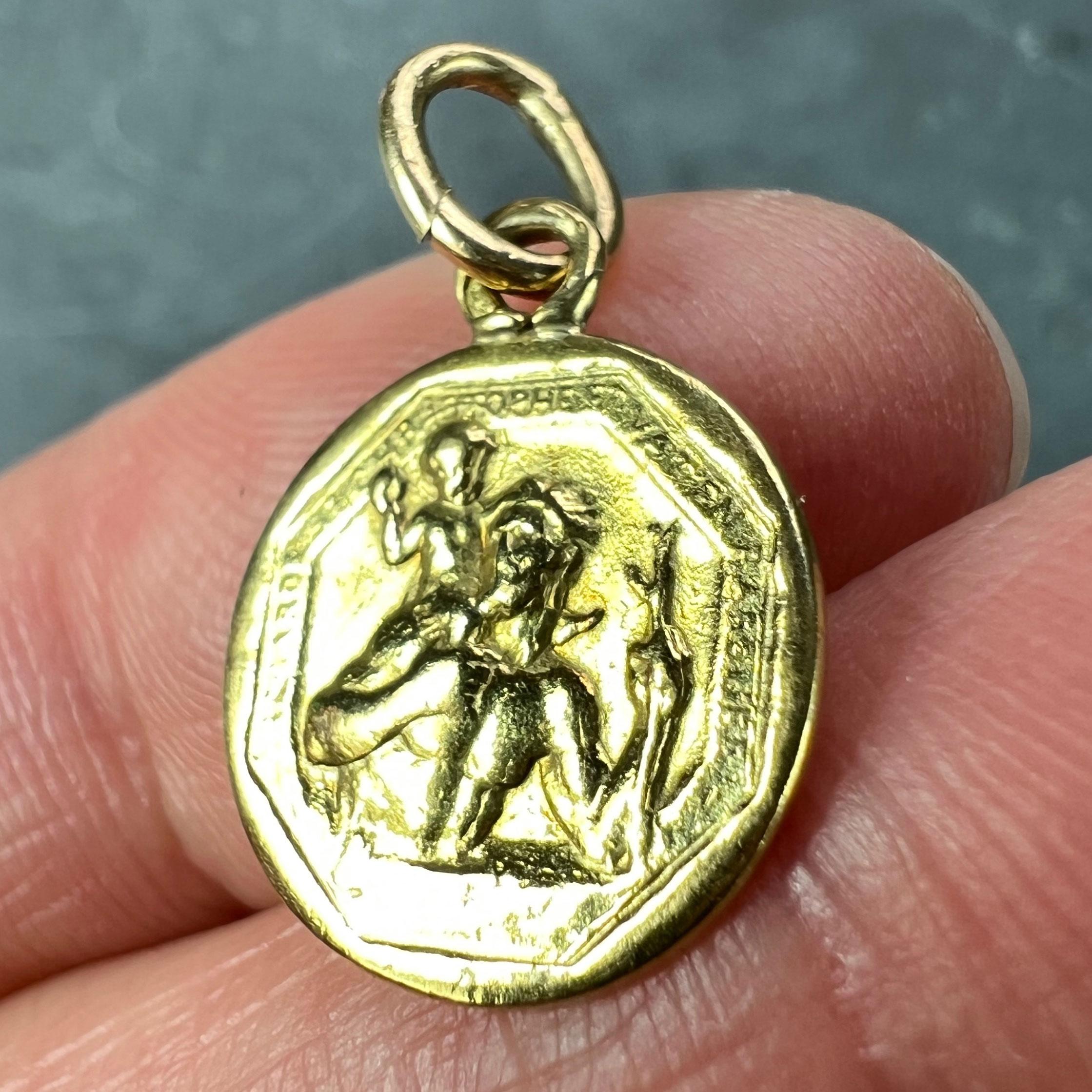 French Saint Christopher 18K Yellow Gold Charm Pendant For Sale 2