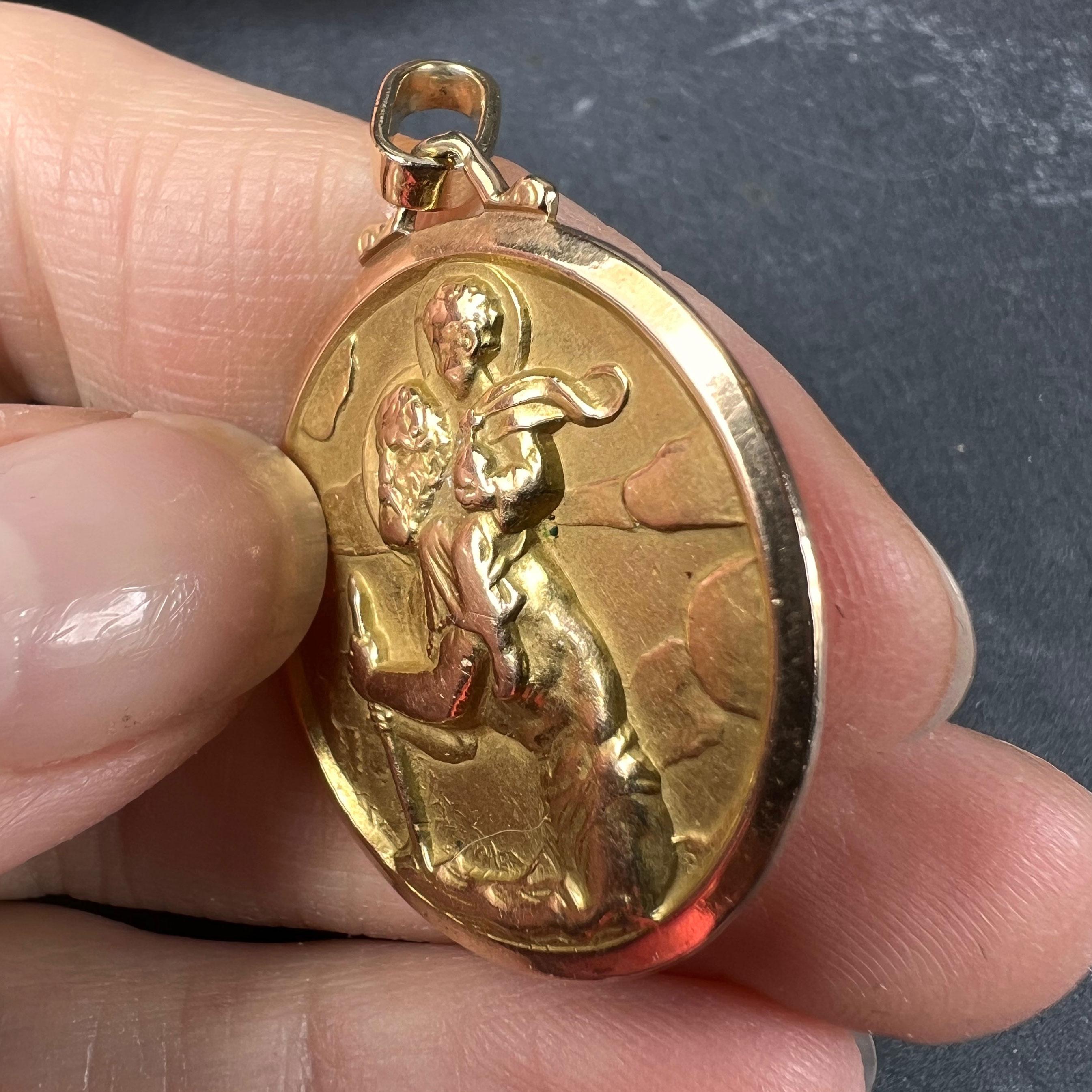 French Saint Christopher 18k Yellow Gold Charm Pendant For Sale 3