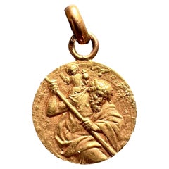 Vintage  French Saint Christopher 18K Yellow Gold Charm Pendant