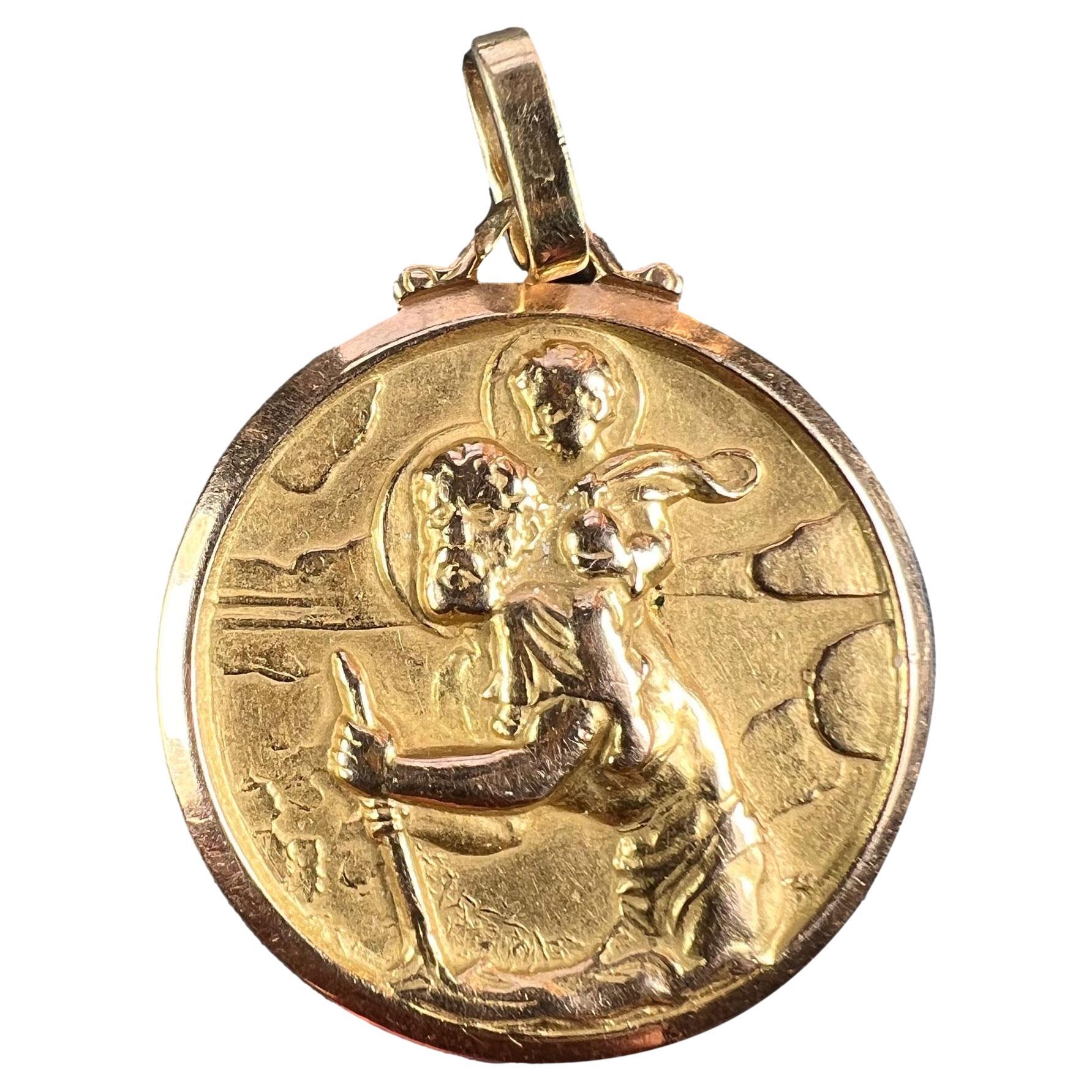 French Saint Christopher 18k Yellow Gold Charm Pendant For Sale