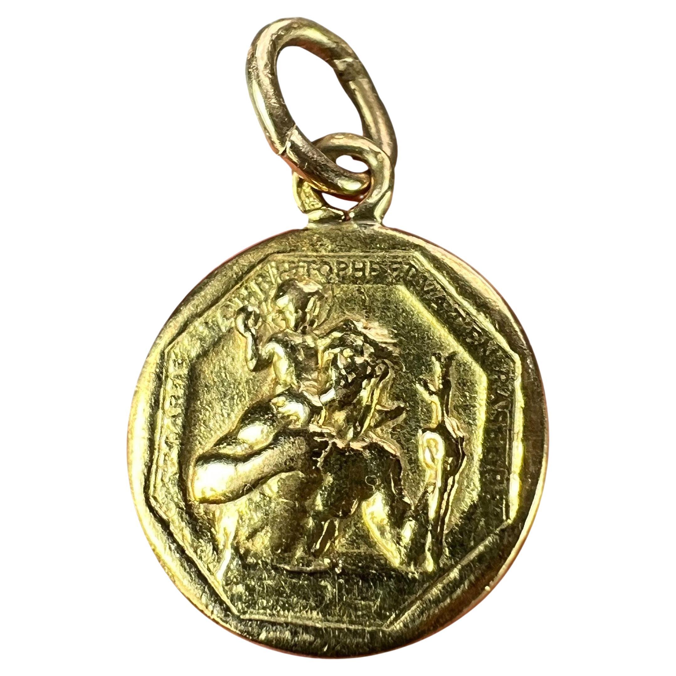 French Saint Christopher 18K Yellow Gold Charm Pendant For Sale