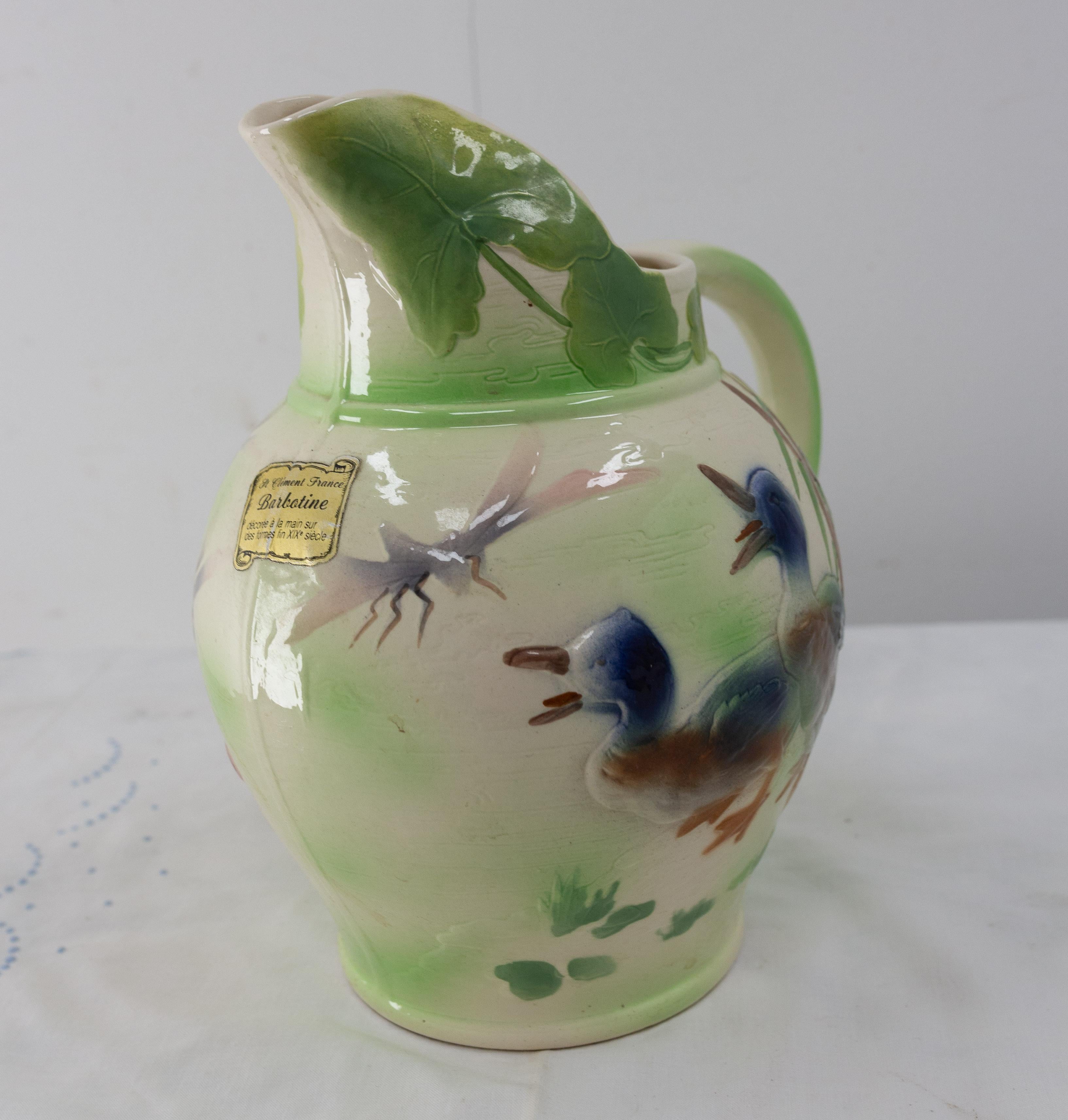 Mid-Century Modern French Saint Clément Barbotine Pitcher with Ducks, Midcentury For Sale