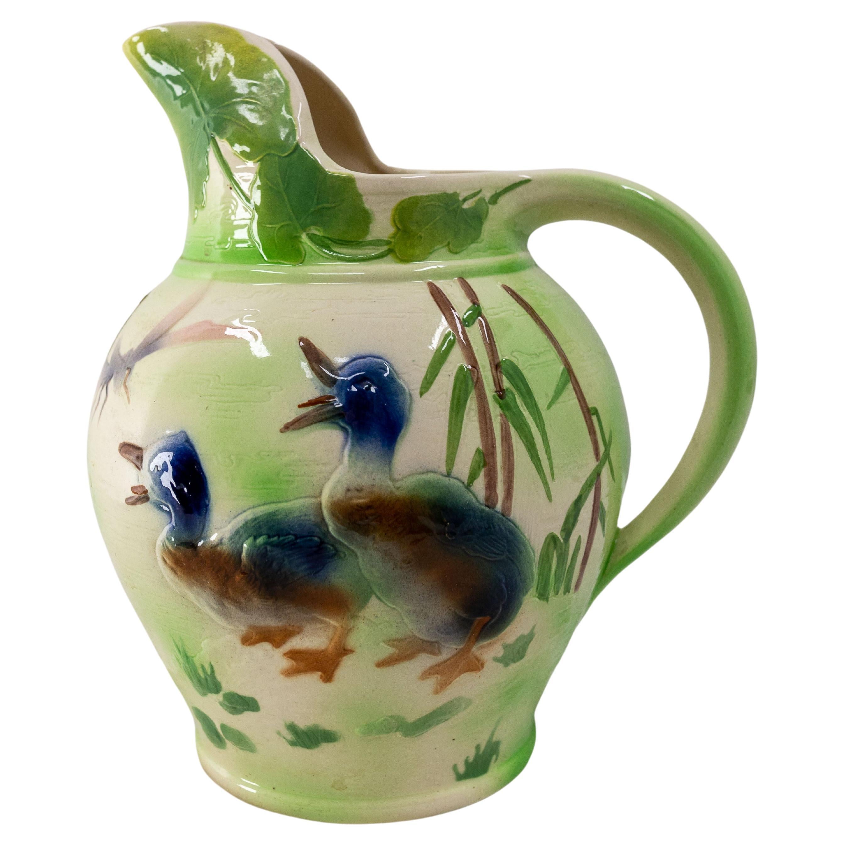 French Saint Clément Barbotine Pitcher with Ducks, Midcentury