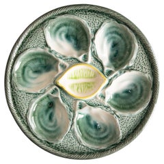 French Saint Clément Majolica Blue Green & Yellow Lemon Wedge Oyster Plate 1920s