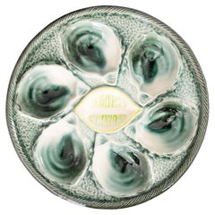 French Saint Clément Majolica Green & Yellow Lemon Wedge Oyster Plate, c. 1930