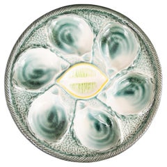 French Saint Clément Majolica Green & Yellow Lemon Wedge Oyster Plate, c. 1930