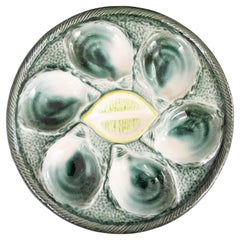 French Saint Clément Majolica Green & Yellow Lemon Wedge Oyster Plate, c. 1930