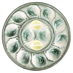 French Saint Clément Majolica Green & Yellow Lemon Wedge Oyster Platter, c. 1930