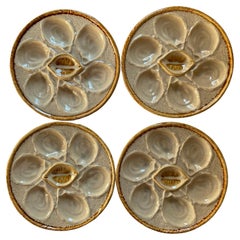 Assiettes à huîtres en majolique de Saint Clément, 1960, lot de 4